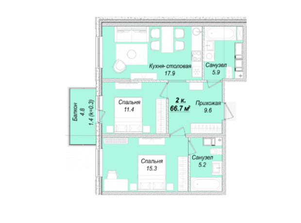 ЖК Скай Сіті Плюс: планування 2-кімнатної квартири 66.7 м²