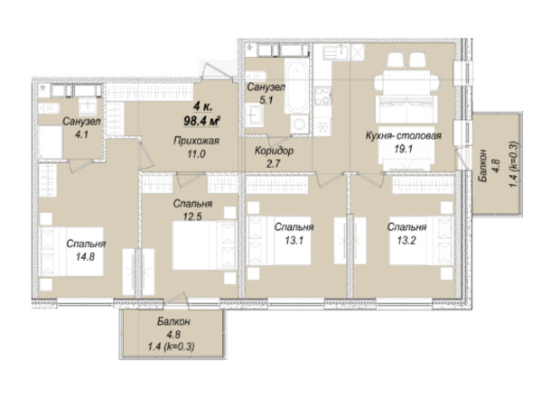 ЖК Скай Сіті Плюс: планування 3-кімнатної квартири 98.4 м²