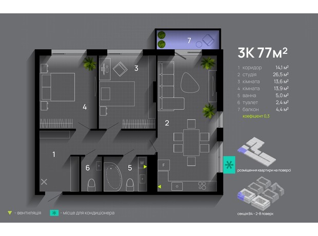ЖК Manhattan Up: планування 3-кімнатної квартири 77 м²