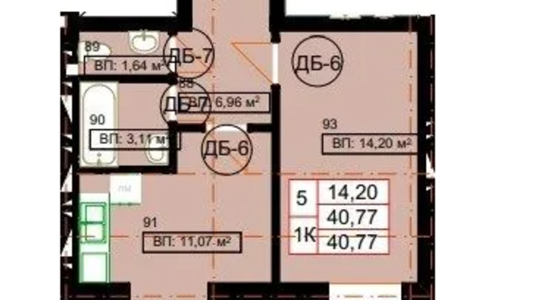 Планування 1-кімнатної квартири в ЖК Гімназія 40.77 м², фото 628853
