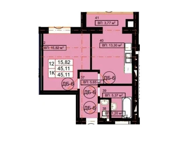 ЖК Гімназія: планування 1-кімнатної квартири 45.11 м²