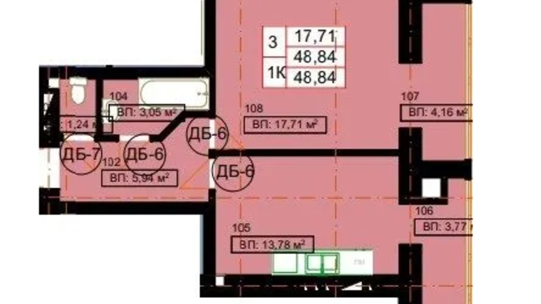 Планування 1-кімнатної квартири в ЖК Гімназія 48.84 м², фото 628857