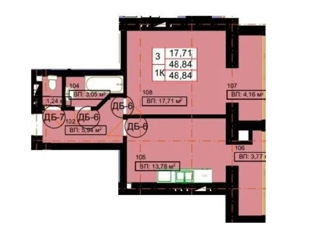 ЖК Гімназія: планування 1-кімнатної квартири 48.84 м²