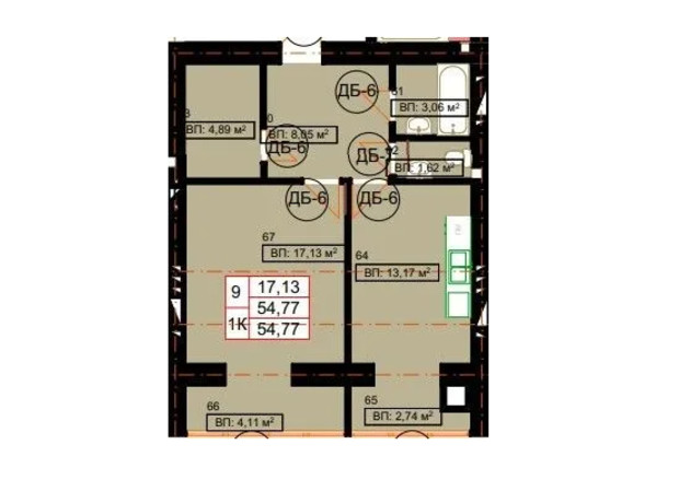 ЖК Гимназия: планировка 1-комнатной квартиры 54.77 м²