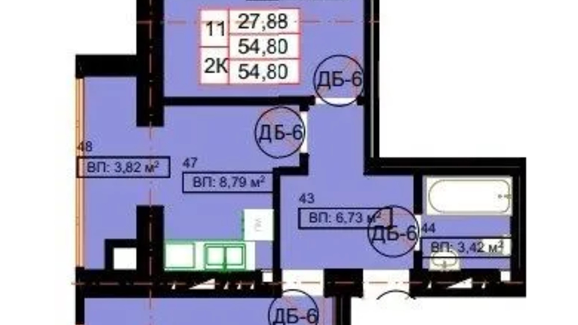 Планування 2-кімнатної квартири в ЖК Гімназія 54.8 м², фото 628859