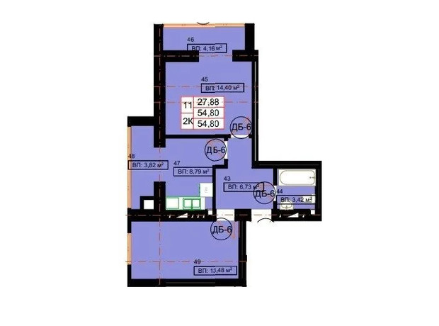 ЖК Гимназия: планировка 2-комнатной квартиры 54.8 м²