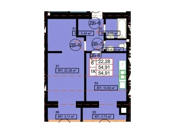 ЖК Гімназія: планування 1-кімнатної квартири 54.91 м²