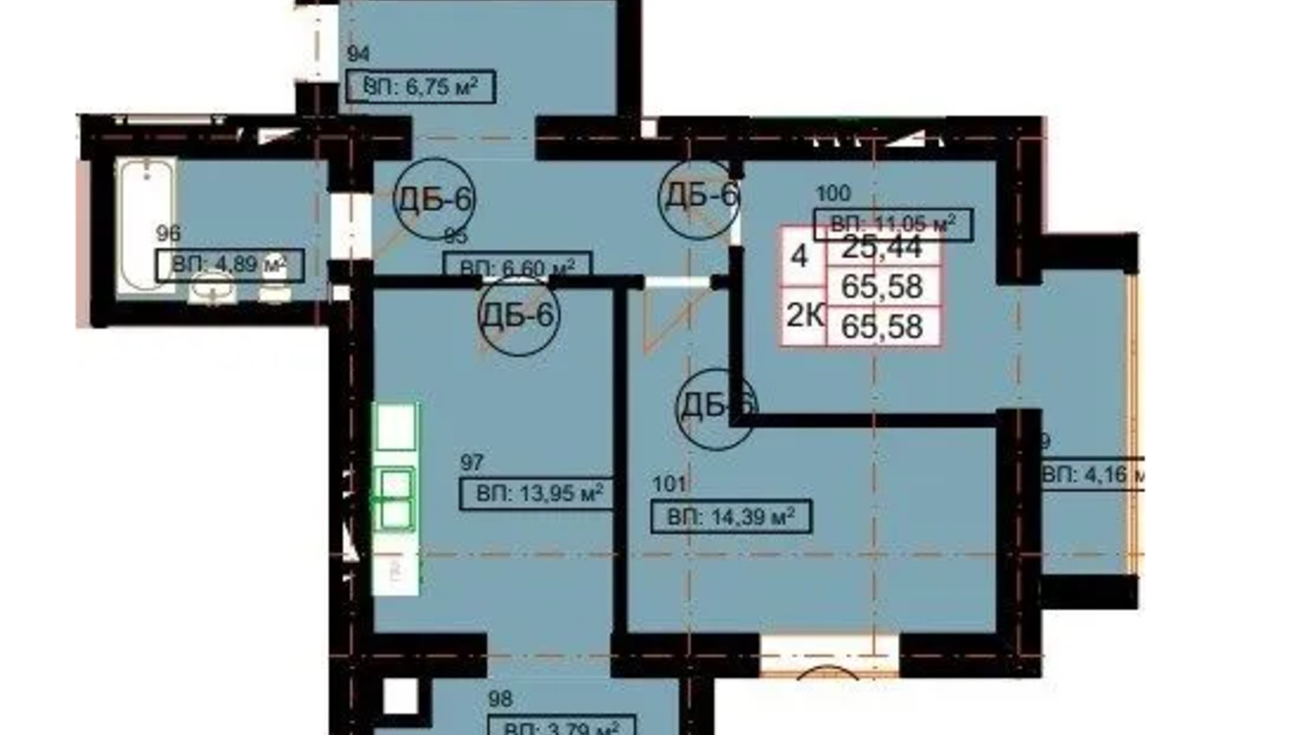 Планировка 2-комнатной квартиры в ЖК Гимназия 65.58 м², фото 628861