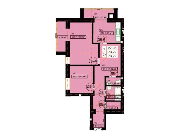 ЖК Гимназия: планировка 2-комнатной квартиры 73.22 м²