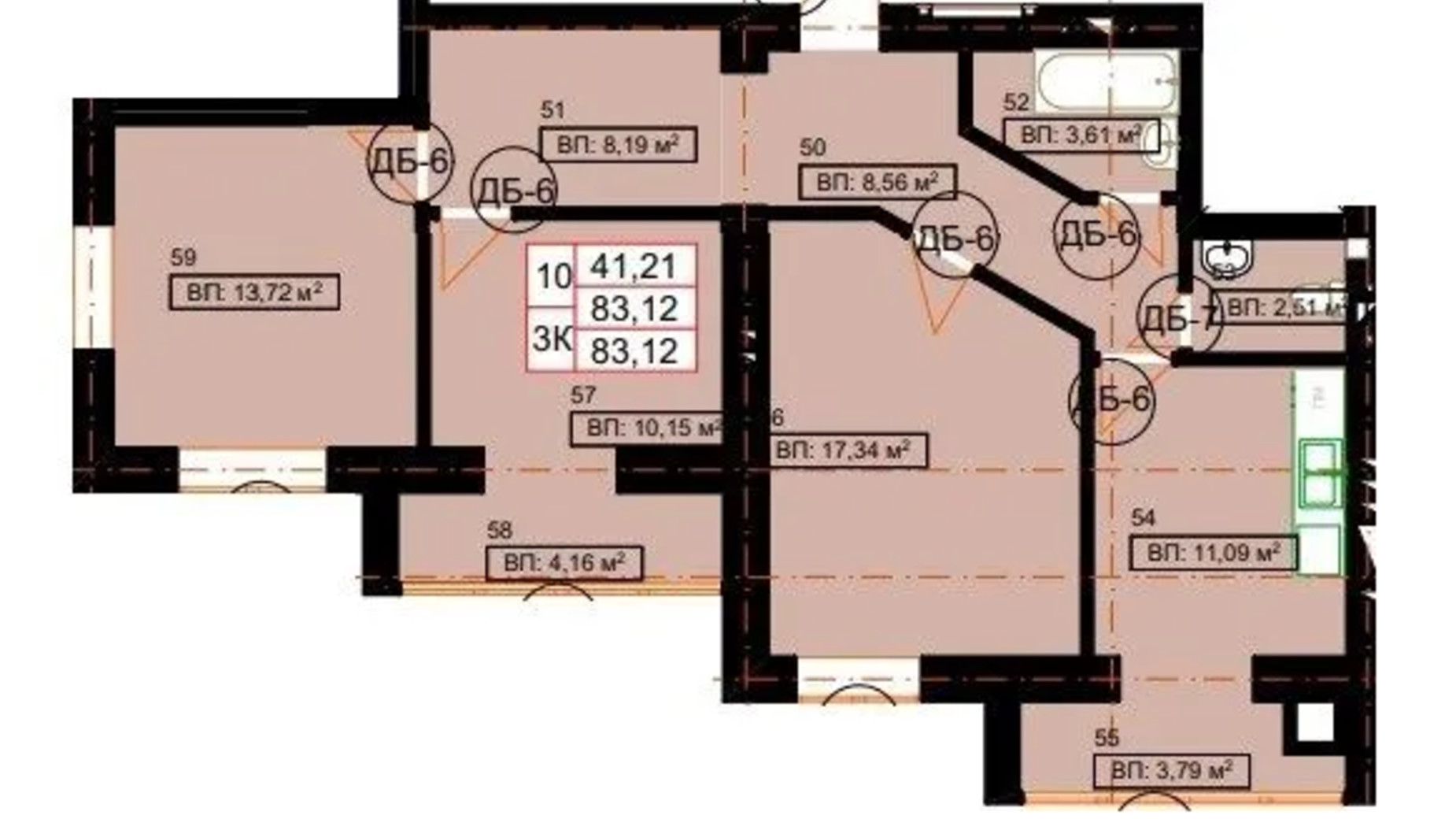 Планування 3-кімнатної квартири в ЖК Гімназія 83.12 м², фото 628864