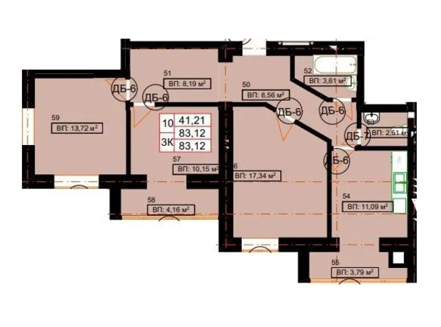 ЖК Гимназия: планировка 3-комнатной квартиры 83.12 м²