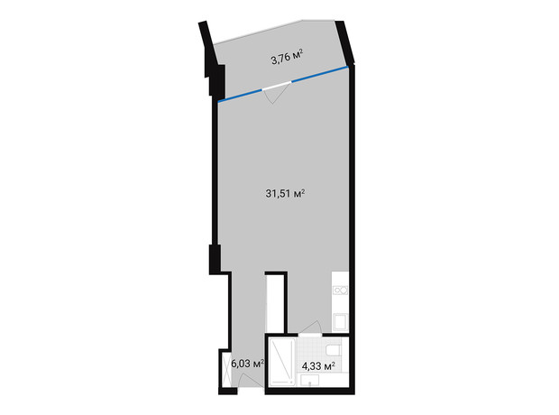 Апарт-комплекс Mountain Residence: планировка 1-комнатной квартиры 45.63 м²