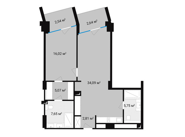 Апарт-комплекс Mountain Residence: планування 2-кімнатної квартири 76.35 м²