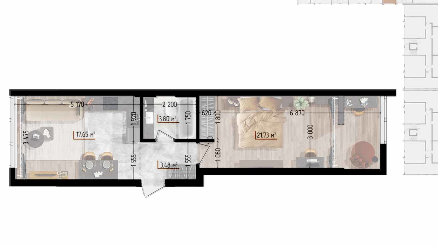 Планування 1-кімнатної квартири в ЖК Сity Line 46.6 м², фото 629016