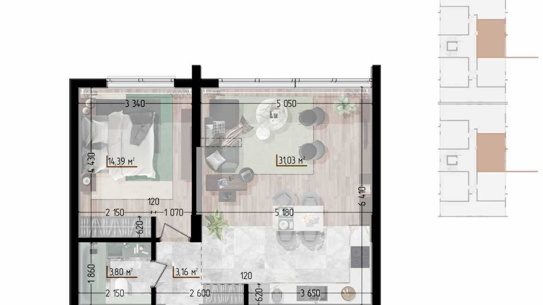 Планування 1-кімнатної квартири в ЖК Сity Line 52.38 м², фото 629019