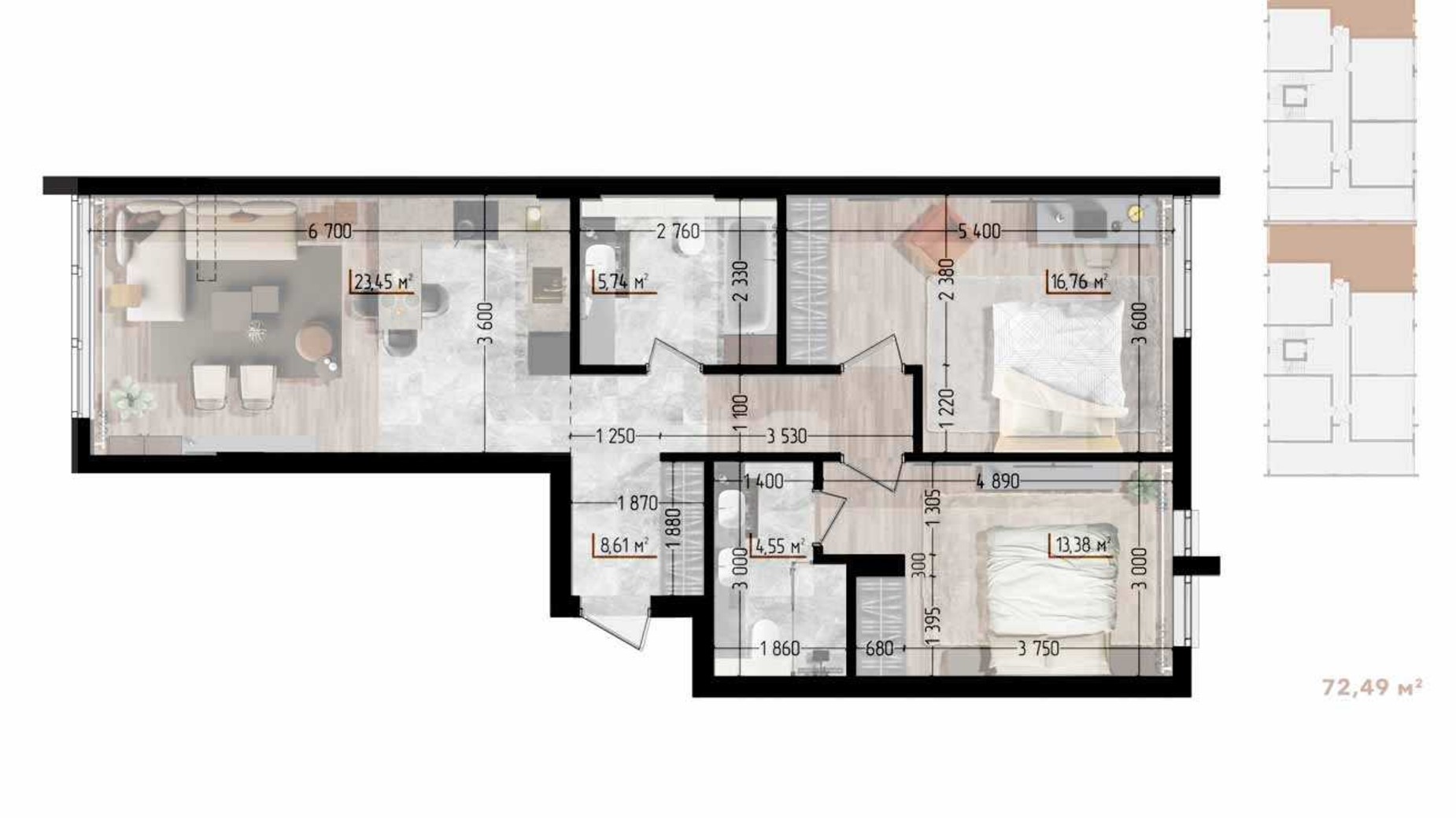 Планировка 2-комнатной квартиры в ЖК Сity Line 72.49 м², фото 629023