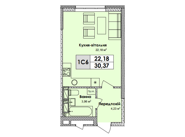 ЖК Olympiс Park: планировка 1-комнатной квартиры 30.37 м²
