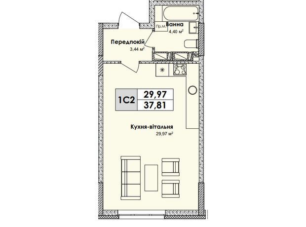 ЖК Olympiс Park: планування 1-кімнатної квартири 37.81 м²