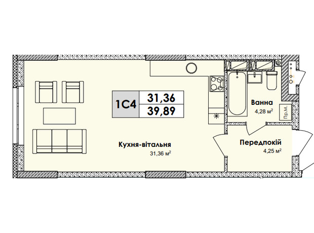 ЖК Olympiс Park: планування 1-кімнатної квартири 39.89 м²