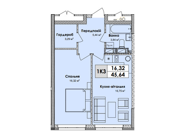 ЖК Olympiс Park: планировка 1-комнатной квартиры 45.64 м²