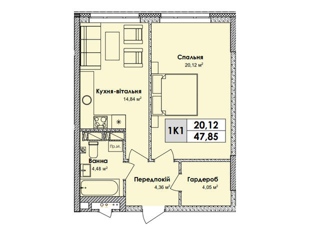 ЖК Olympiс Park: планування 1-кімнатної квартири 47.85 м²