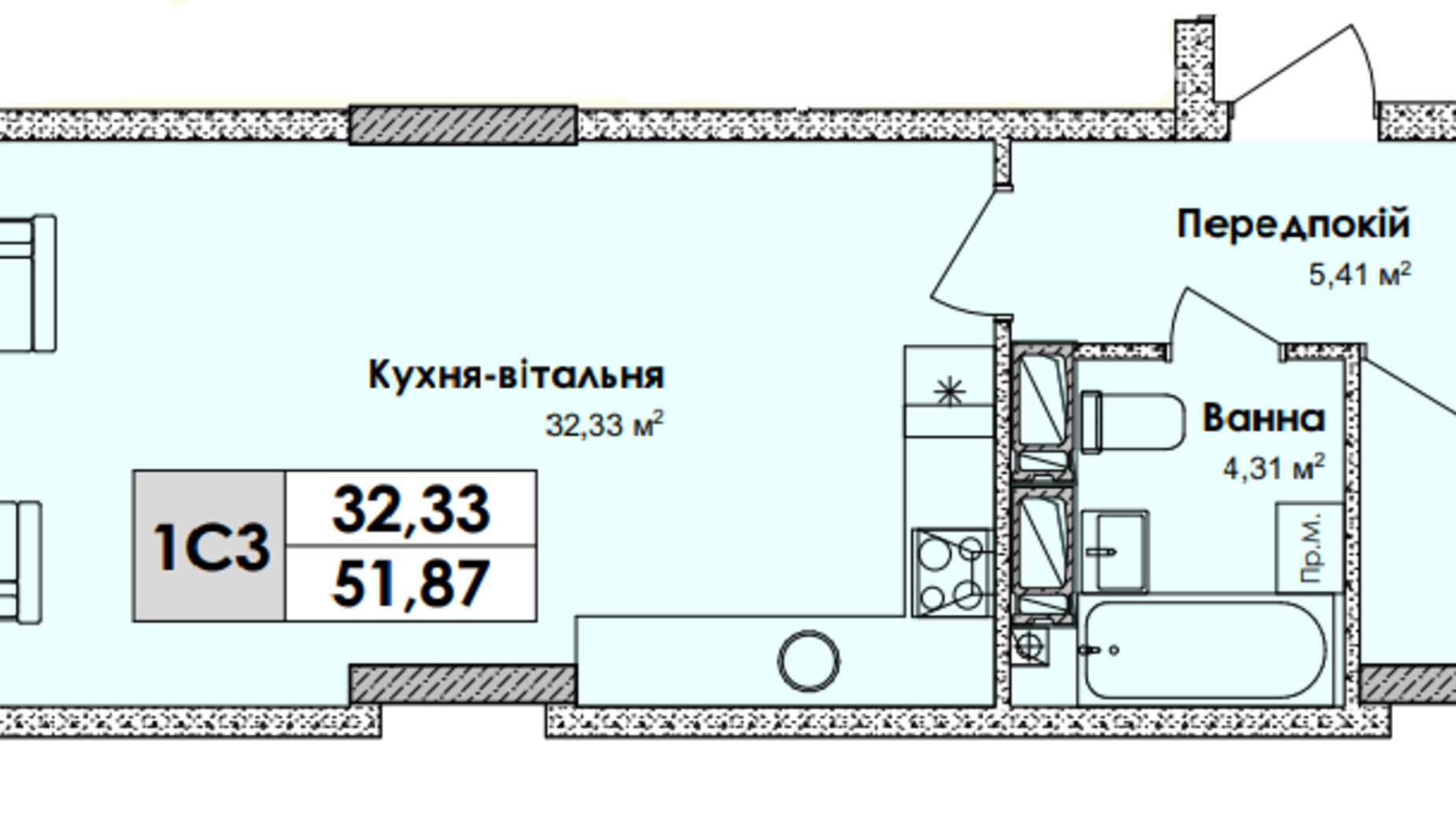 Планировка 1-комнатной квартиры в ЖК Olympiс Park 51.87 м², фото 629138