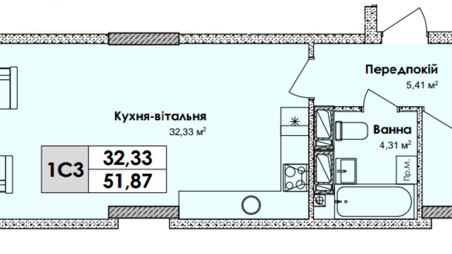 Планування 1-кімнатної квартири в ЖК Olympiс Park 51.87 м², фото 629138