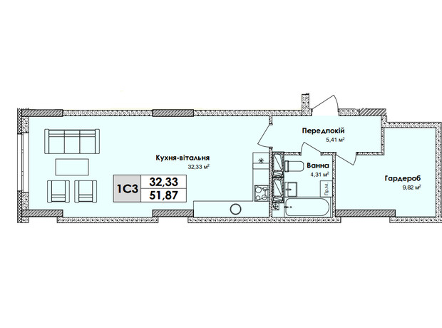 ЖК Olympiс Park: планировка 1-комнатной квартиры 51.87 м²