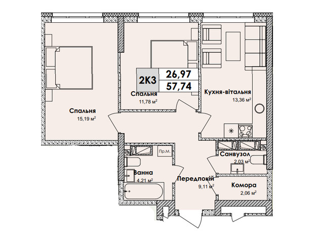 ЖК Olympiс Park: планування 2-кімнатної квартири 57.74 м²