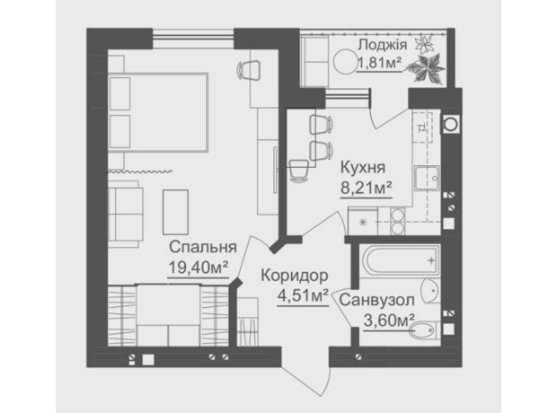 ЖК Brickwood 2: планировка 1-комнатной квартиры 37.53 м²