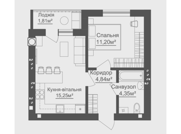 ЖК Brickwood 2: планировка 1-комнатной квартиры 37.45 м²