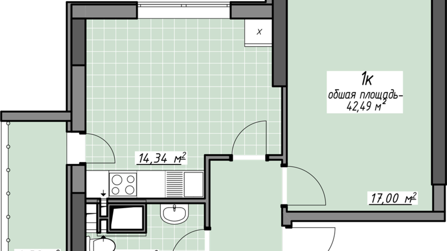 Планировка 1-комнатной квартиры в ЖК Одесские традиции на Глушко 42.49 м², фото 629200