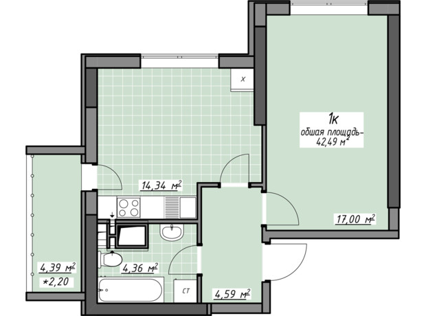 ЖК Одесские традиции на Глушко: планировка 1-комнатной квартиры 42.49 м²