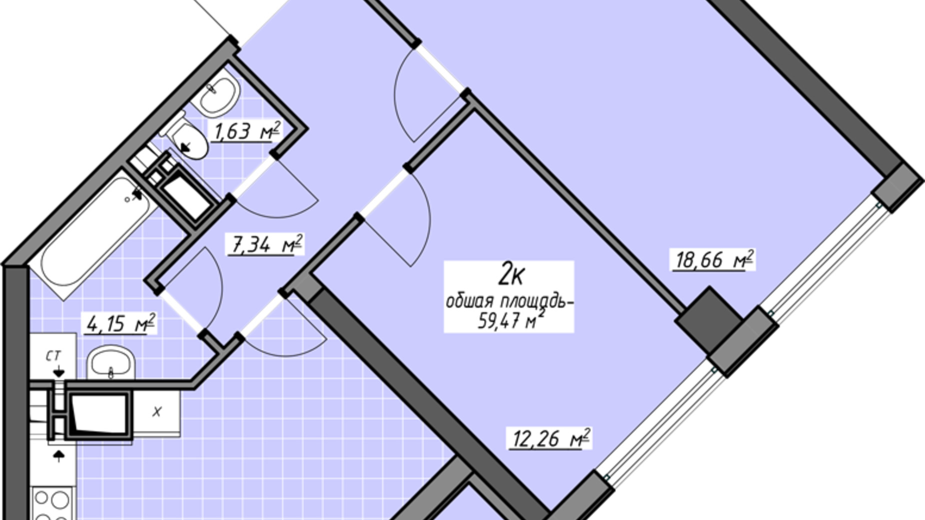 Планировка 2-комнатной квартиры в ЖК Одесские традиции на Глушко 59.47 м², фото 629201