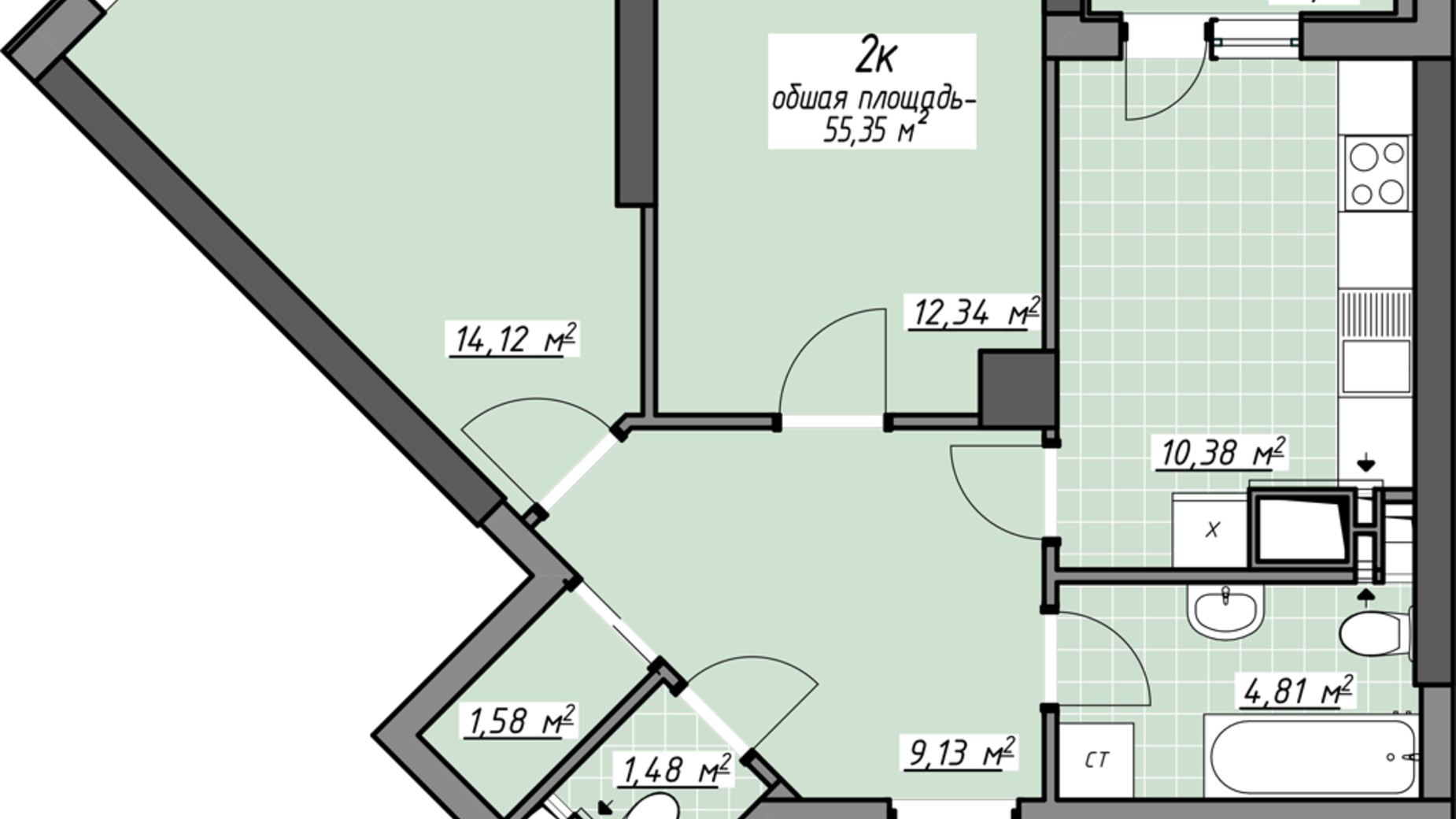 Планировка 2-комнатной квартиры в ЖК Одесские традиции на Глушко 55.35 м², фото 629202