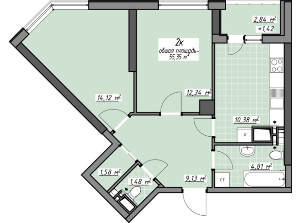 ЖК Одеські традиції на Глушко: планування 2-кімнатної квартири 55.35 м²