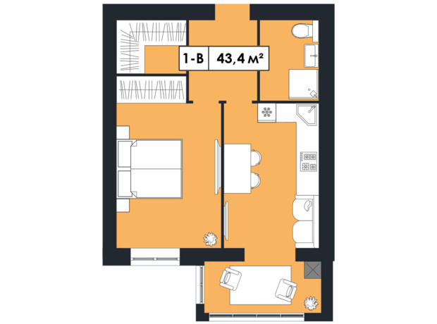ЖК Щасливий у Дніпрі: планировка 1-комнатной квартиры 43.4 м²