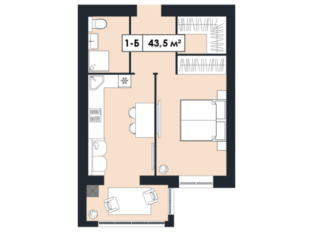 ЖК Щасливий у Дніпрі: планування 1-кімнатної квартири 43.5 м²