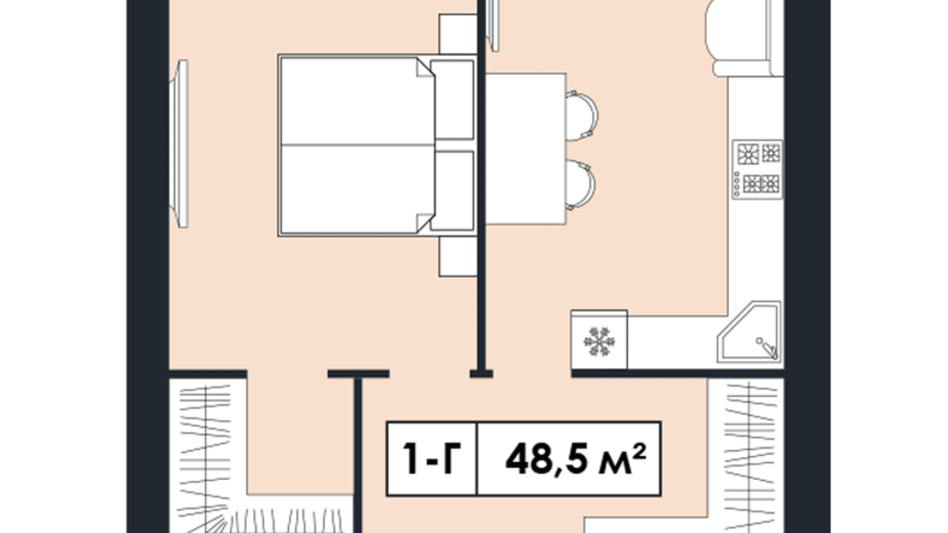 Планування 1-кімнатної квартири в ЖК Щасливий у Дніпрі 48.5 м², фото 629413