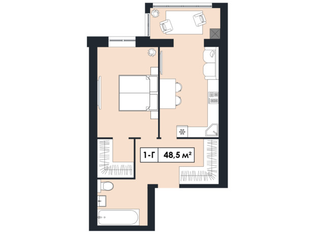 ЖК Щасливий у Дніпрі: планування 1-кімнатної квартири 48.5 м²