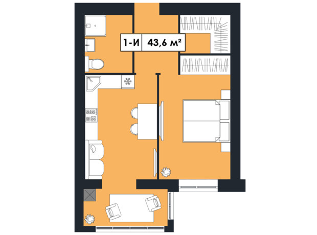 ЖК Щасливий у Дніпрі: планування 1-кімнатної квартири 43.6 м²