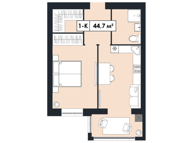 ЖК Щасливий у Дніпрі: планування 1-кімнатної квартири 44.7 м²