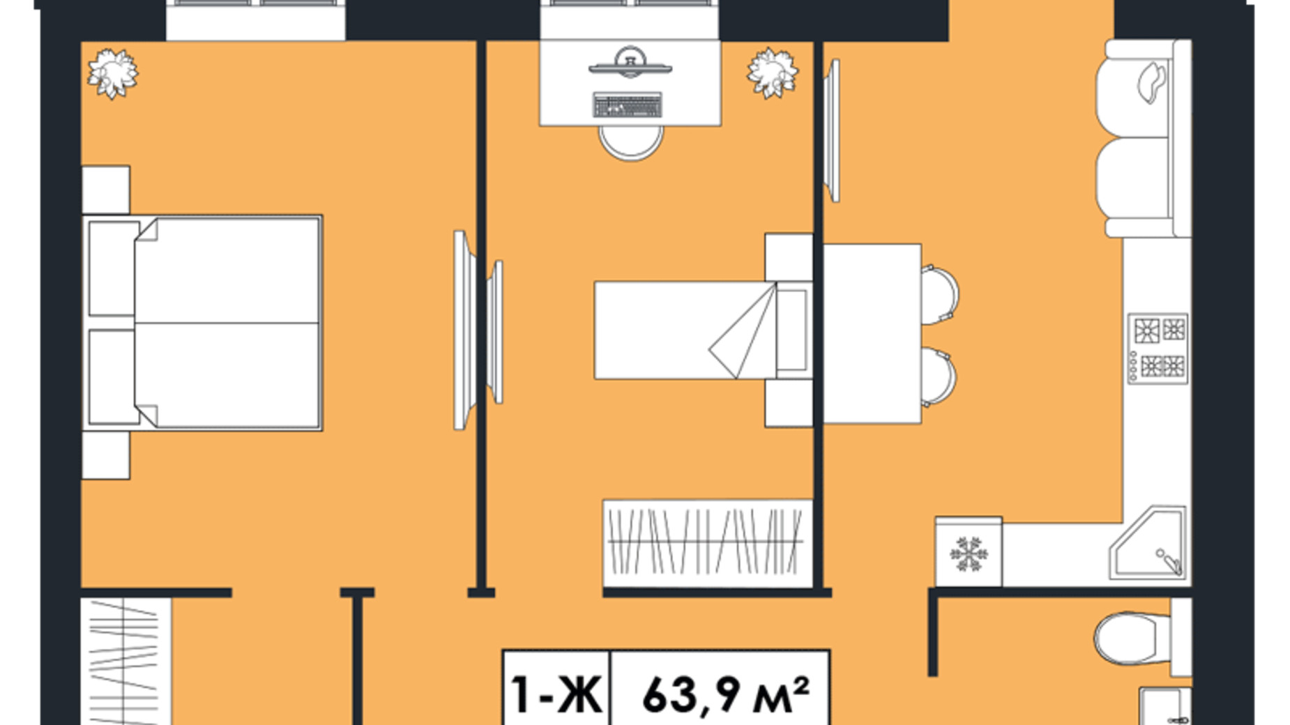Планування 1-кімнатної квартири в ЖК Щасливий у Дніпрі 63.9 м², фото 629417