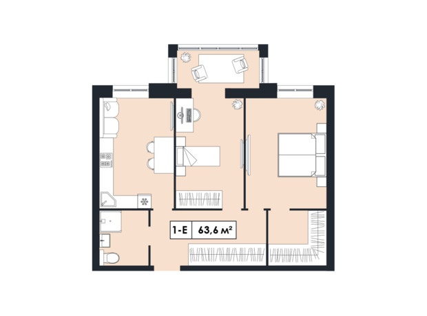 ЖК Щасливий у Дніпрі: планировка 1-комнатной квартиры 63.6 м²