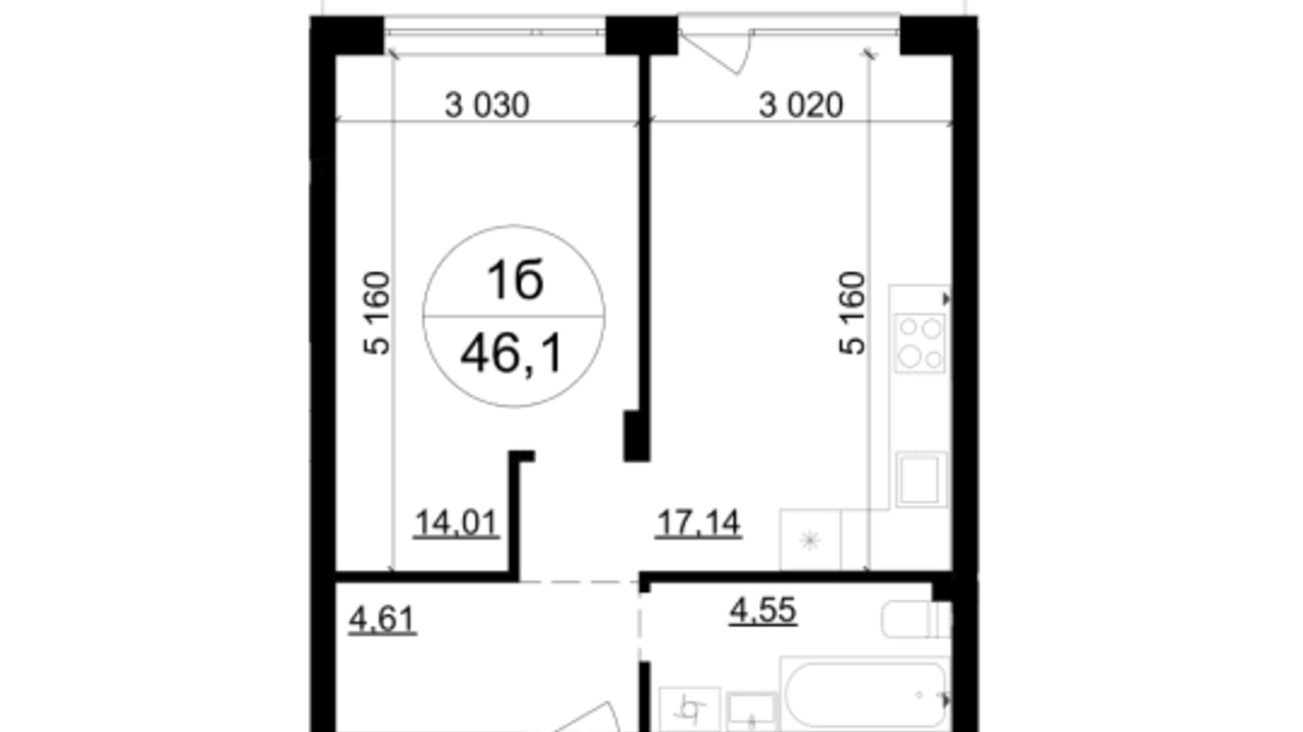 Планування 1-кімнатної квартири в ЖК Грінвуд-4  46.1 м², фото 629669