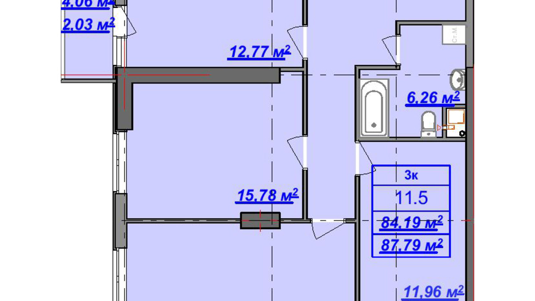 Планировка 3-комнатной квартиры в ЖК Посейдон 87.4 м², фото 629764