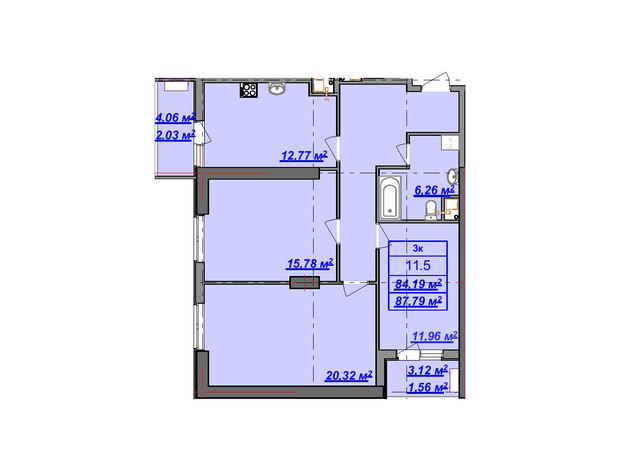 ЖК Посейдон: планировка 3-комнатной квартиры 87.4 м²