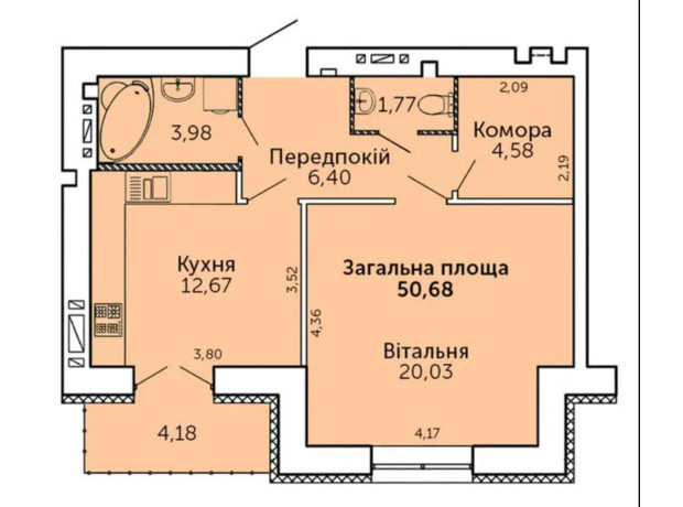 ЖК Levanevsky: планування 1-кімнатної квартири 50.68 м²