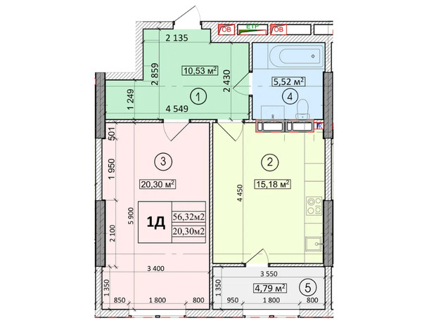 ЖК Podil Plaza & Residence: планування 1-кімнатної квартири 56.32 м²