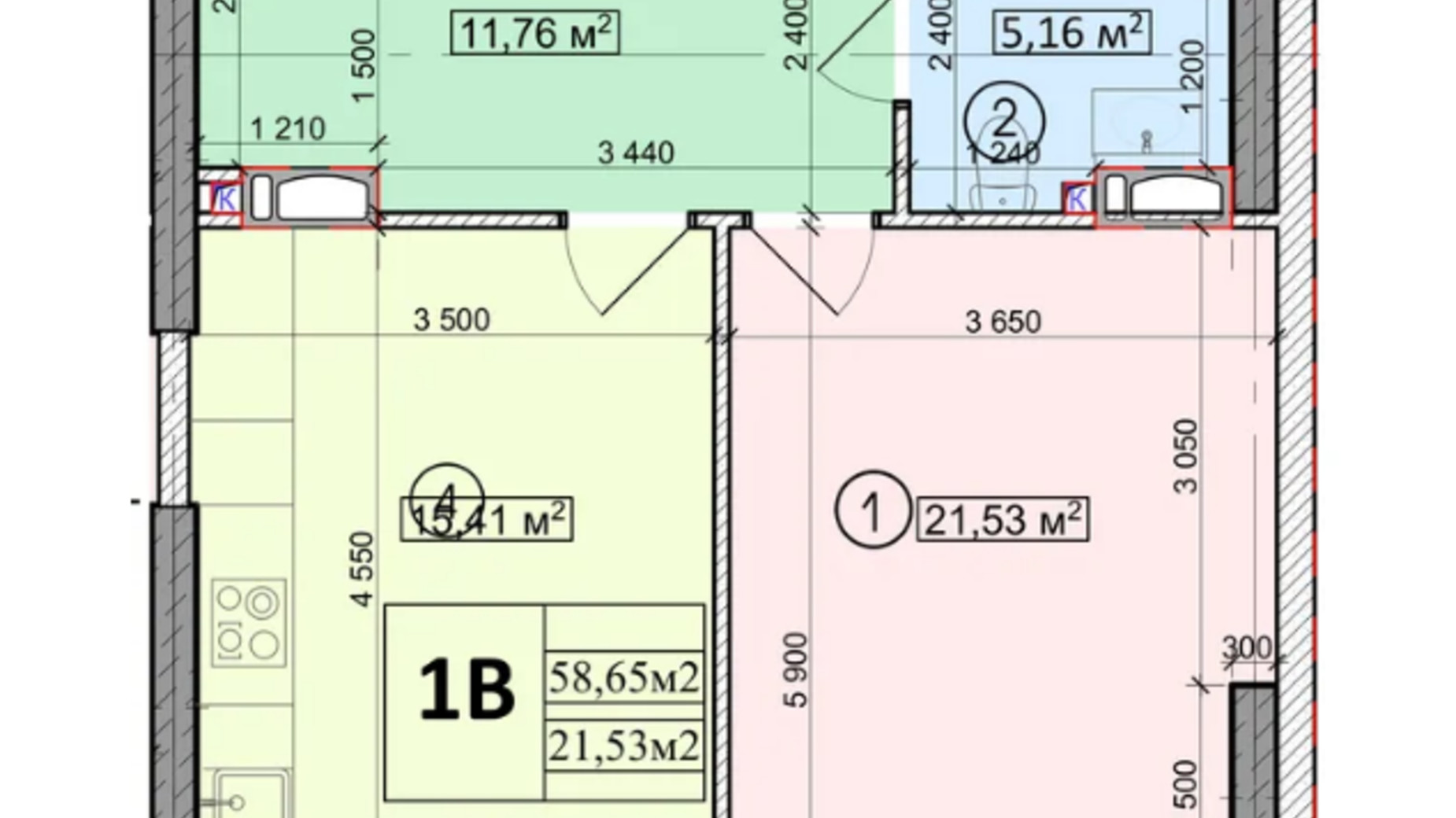 Планировка 1-комнатной квартиры в ЖК Podol Plaza & Residence 58.65 м², фото 630344